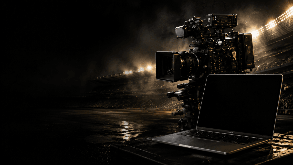 Professional camera and editing laptop in a stadium